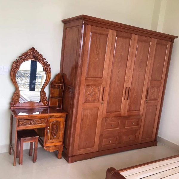 Bộ bàn trang điểm vs tủ quần áo gỗ xoan đào