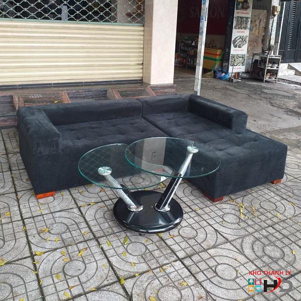 Bộ sofa chữ L bọc vải nhung cũ màu đen