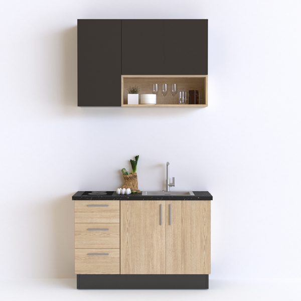Tủ bếp mini 1m vân gỗ phối đen