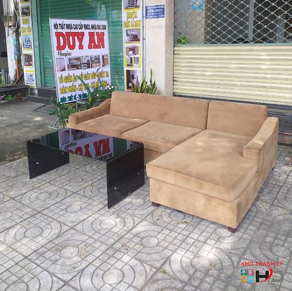 Bộ sofa chữ L cũ bọc vải nhung màu nâu
