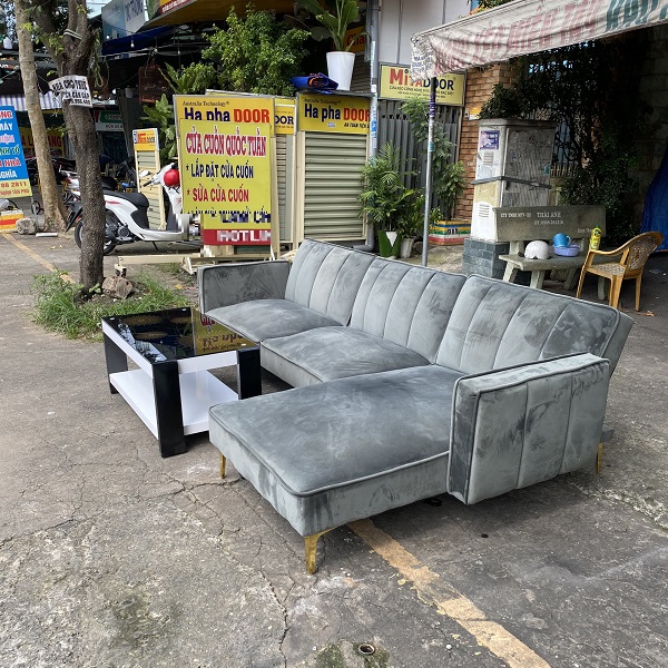 Sofa chữ L Nệm Bọc Vải Nhung Màu Xanh